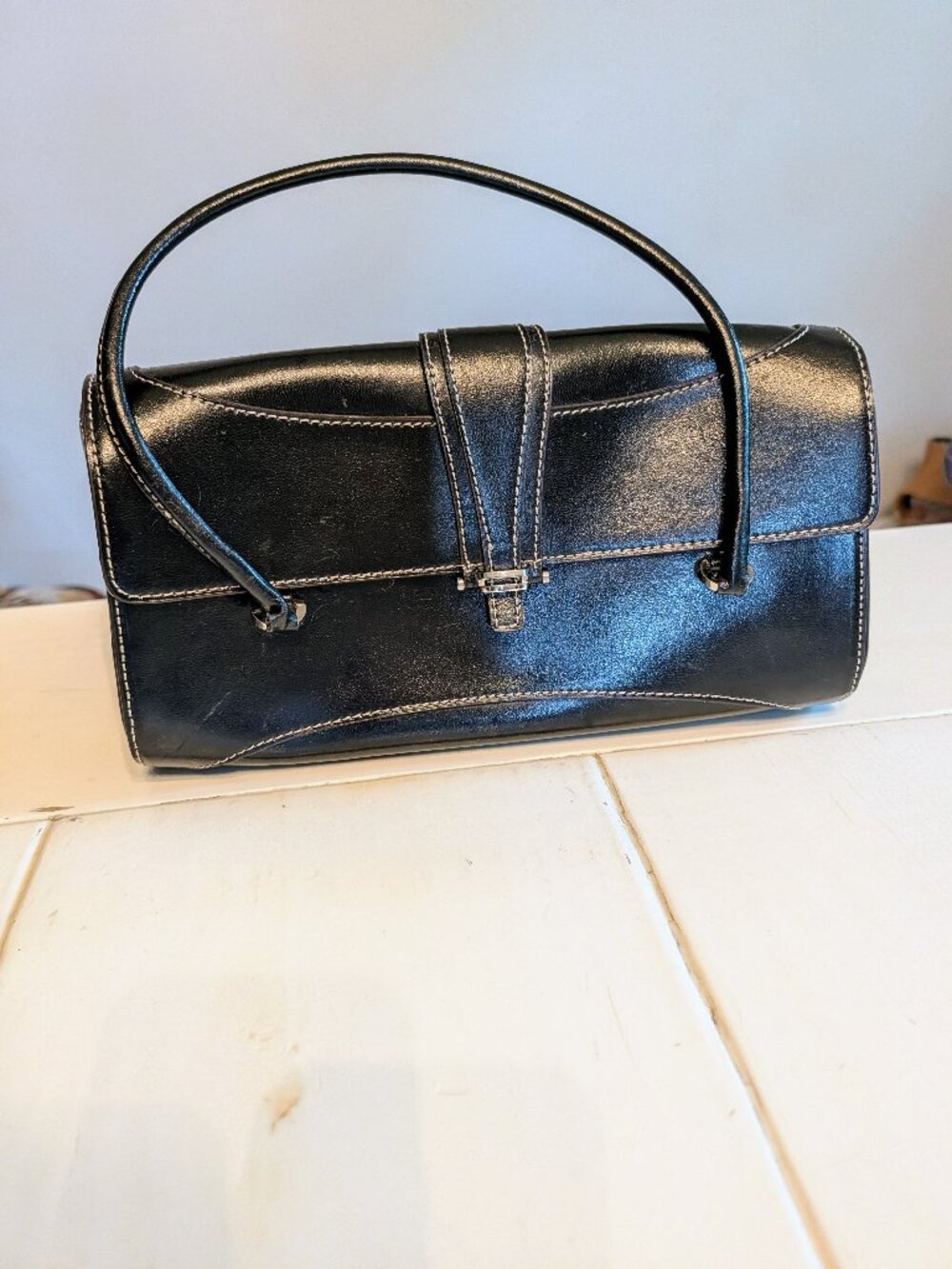VTG Enzo Angiolini Black Shoulder Bag Y2K Topstitching Structured Purse Sleek